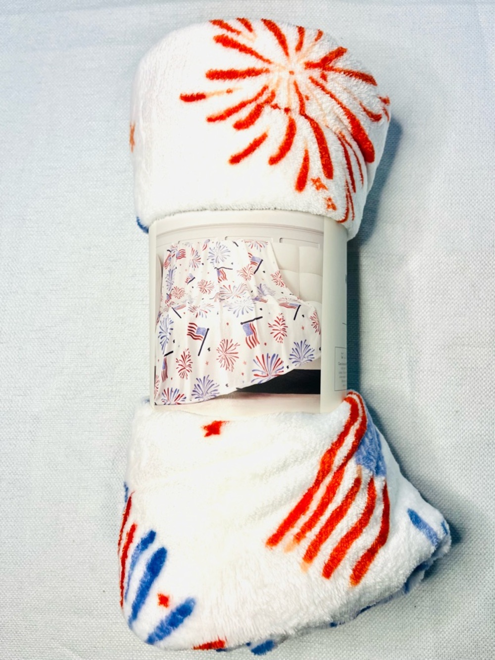 Festive Fireworks Plush Throw Blanket - White, Red & Blue - Picture 3 of 3